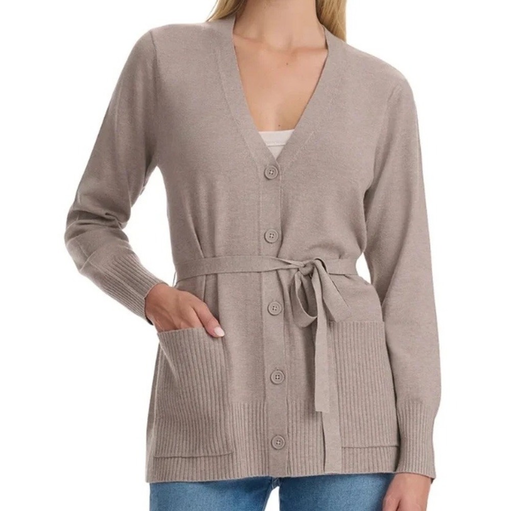 Splendid Cardigan Women's Large Beige Belted Sweater Button Front Pockets NWT